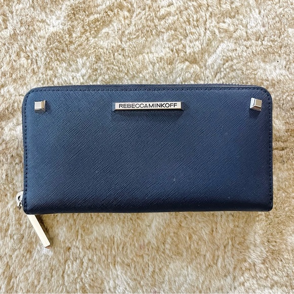 Rebecca Minkoff Large Studded Serafino Leather Zip Around Wallet Navy Blue - Picture 1 of 11